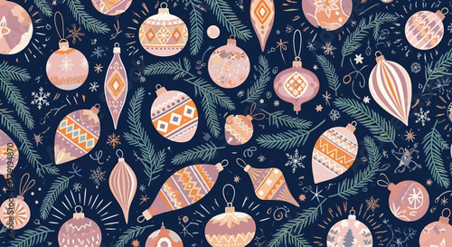 Charming seamless pattern of festive Christmas tree ornaments, fir branches, and snowflakes for holiday and winter celebrations