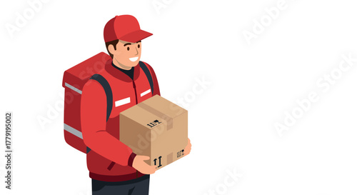 Courier delivering package in uniform with red cap and backpack