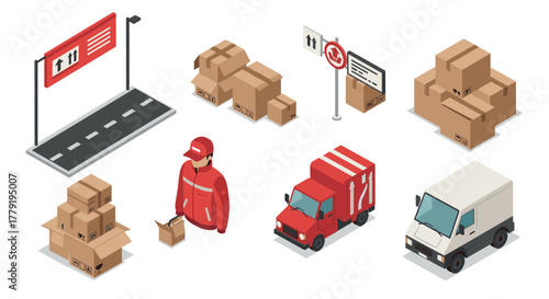 Isometric delivery icons of boxes, courier, and vehicles for logistics design