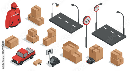 Isometric delivery and road elements with parcels and vehicles on a white background