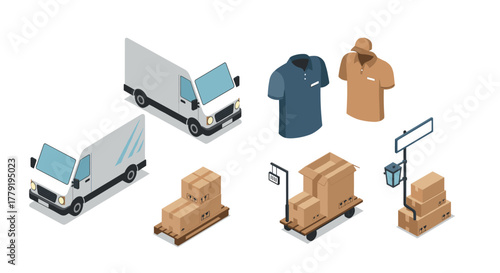 Isometric delivery concept with vans, packages, and uniforms