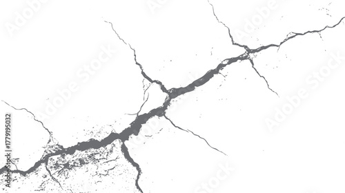 Jagged grey crack lines and scattered dots on a stark white background creating a textured abstract pattern