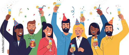 Groupofdiversepeoplecelebratingwithcocktailsisolatedonwhitebackground