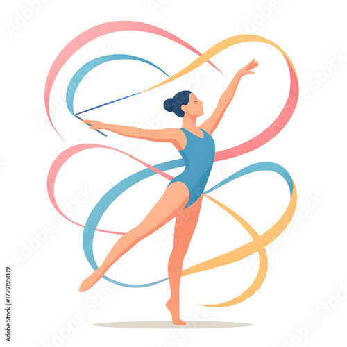 Graceful female rhythmic gymnast performing elegant ribbon routine in a dynamic illustration, showcasing athletic artistry and fluid movement in vibrant hues