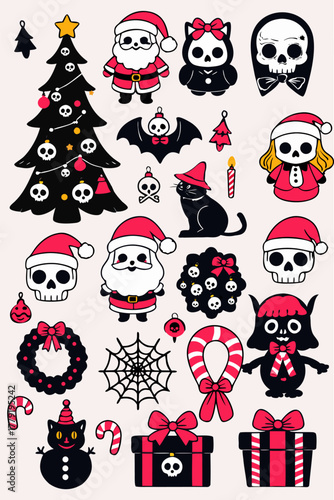 Spooky Christmas Clipart Set. Gothic Holiday Elements with Skeletons, Cats, Snowmen and Skulls. Gothmas vector illustration