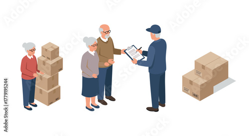 Senior couple receiving delivery from courier with boxes in modern isometric art