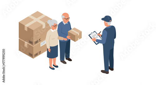 Elderly couple receiving packages from delivery person in isometric style