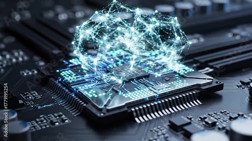Advanced Microchip with Glowing Neural Network Overlay Representing AI.