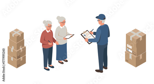 Delivery service interaction between two seniors and courier with parcel boxes