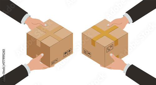 Two hands exchanging cardboard box with shipping symbols on white background