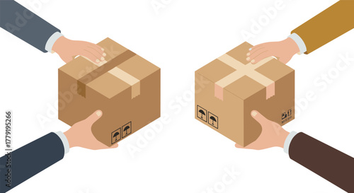 Isometric hands exchanging cardboard boxes on white background
