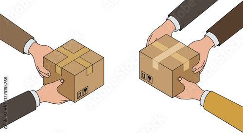 Hands exchanging cardboard boxes in minimalist style