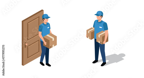 Isometric delivery service concept with couriers in uniform bringing packages to doorstep