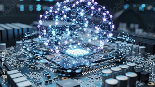 AI CPU Processor with Glowing Brain and Network Connections on Motherboard.