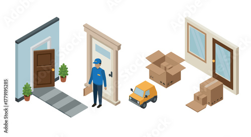 Isometric home delivery concept with worker, doors, boxes, and truck