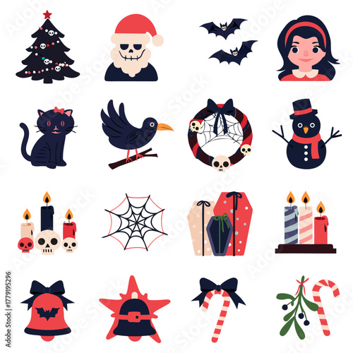 Collection of Spooky Christmas Clipart. Gothic Holiday Elements with Skeletons, Cats, Snowmen. Gothmas vector illustration