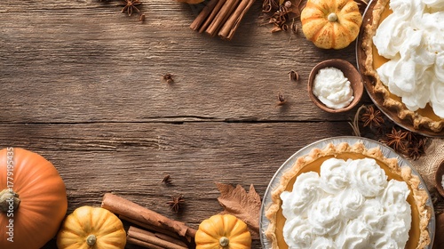 Close-up overhead of rustic wood table: pumpkins, cinnamon sticks, pumpkin-meringue border, empty decor plate in foreground, warm autumn vibe, rich texture adds depth for dish design backdrops.