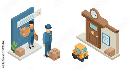 Isometric package delivery concept with couriers and logistics center