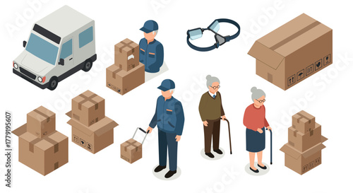 Isometric delivery and aging support concept with elderly and parcels