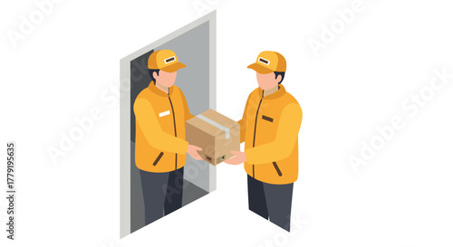 Courier delivering parcel to door in isometric style