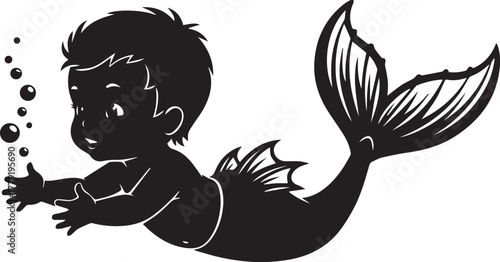 Adorable cartoon baby with a mermaid tail swimming underwater with bubbles