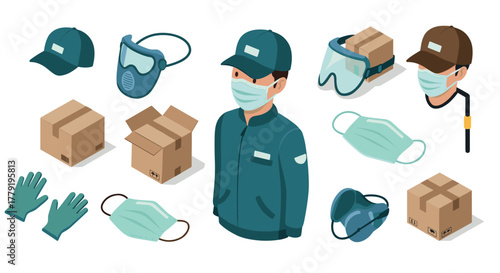Isometric design of delivery worker with protective gear and equipment