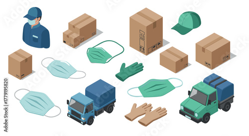 Essential delivery elements isometric icons of trucks, boxes, and safety gear