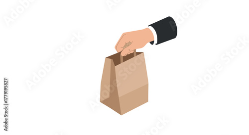Hand holding paper bag on white background in minimalist style for delivery concepts