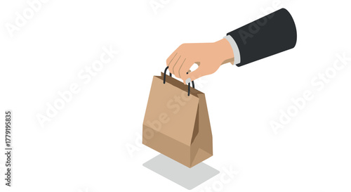 Hand delivering brown paper bag on white background in flat design