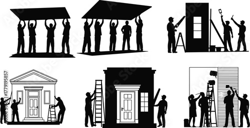 Silhouette vector illustration of construction workers renovating buildings, lifting panels, painting walls, teamwork, architecture, engineering, safety, repair, maintenance, labor, and industry