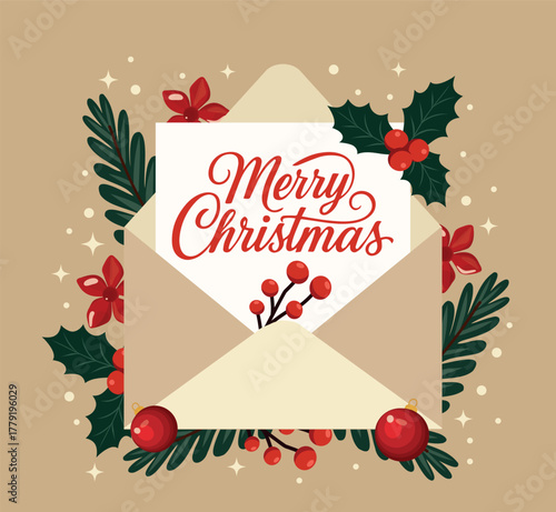 Vector illustration, open envelope with a white card, the inscription Merry Christmas, leaves, berries, Christmas decorations, beige background. Festive greetings, joy. For cards, gifts, invitations