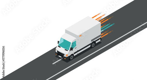 Fast delivery van on highway with motion lines in isometric style