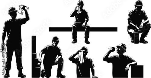 Silhouette vector illustration of construction workers resting during break, drinking water, cooling down, workplace safety, hydration, teamwork, labor, health, and industry