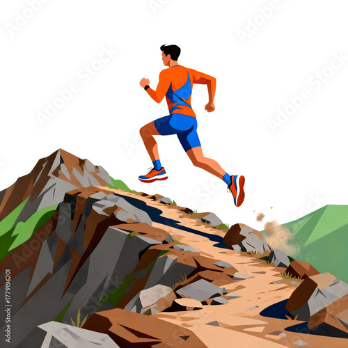 An athletic man conquers a rugged mountain trail, embodying the spirit of endurance and outdoor adventure