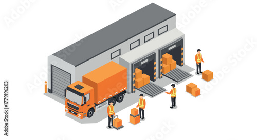 Isometric warehouse logistics with workers loading and unloading