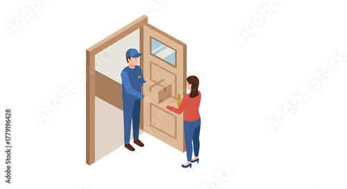Isometric home delivery scene with customer receiving parcel from courier