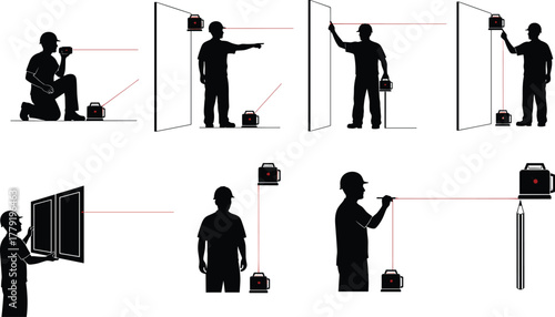 Silhouette vector illustration of construction workers using laser level tool, alignment, precision, measurement, building process, engineering, architecture, safety, labor, and industry