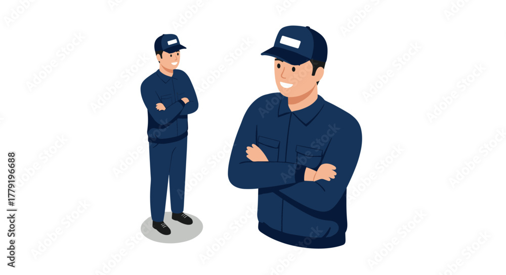Obraz premium Smiling delivery person in uniform with cap posing confidently in flat design