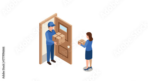Couriers doorstep delivery concept with isometric figures and packages