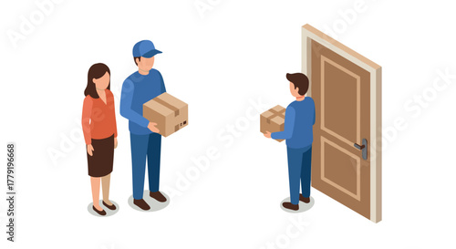 Efficient parcel delivery isometric style depiction with courier and recipient at doorstep