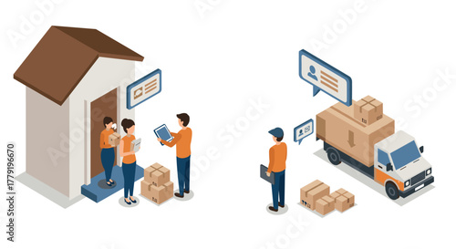 Isometric delivery scene with people using technology and truck unloading packages