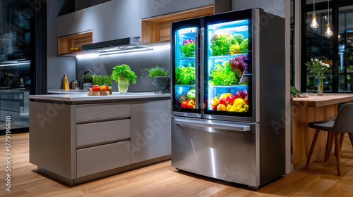 Smart fridge with transparent door and holographic recipe suggestions — modern kitchen technology and innovation concept