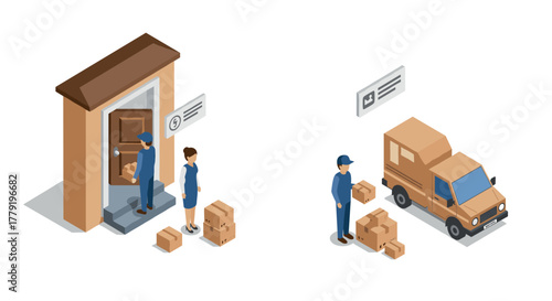 Isometric parcel delivery scene with workers and truck at doorstep