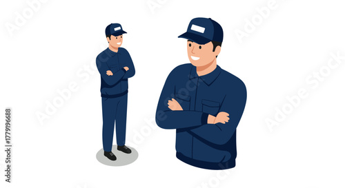Smiling delivery person in uniform with cap posing confidently in flat design