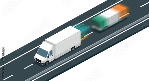 Isometric delivery trucks racing on highway with motion blur