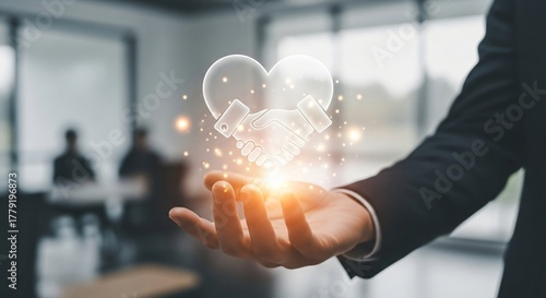 Business Partnership Handshake with Heart Icon and Light Effects