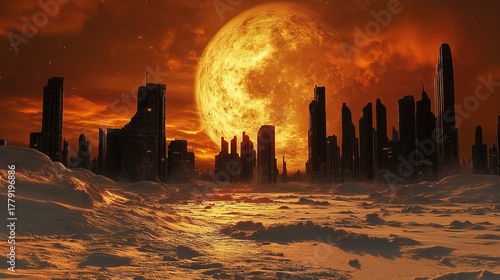 City silhouettes are visible in a desolate landscape under a massive, glowing celestial body and dramatic orange sky.