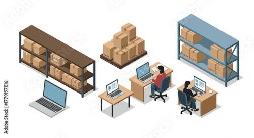 Isometric warehouse and office scene with laptops and shelves for ecommerce concepts
