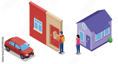 Delivery service concept with couriers at doorstep in isometric style