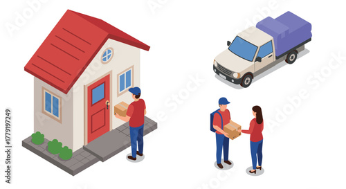 Isometric home delivery scene with courier delivering packages to customers